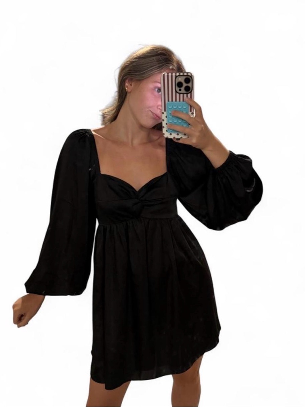 Express Women’s Small Black Satin Long-Sleeve Smocked Bust Dress
